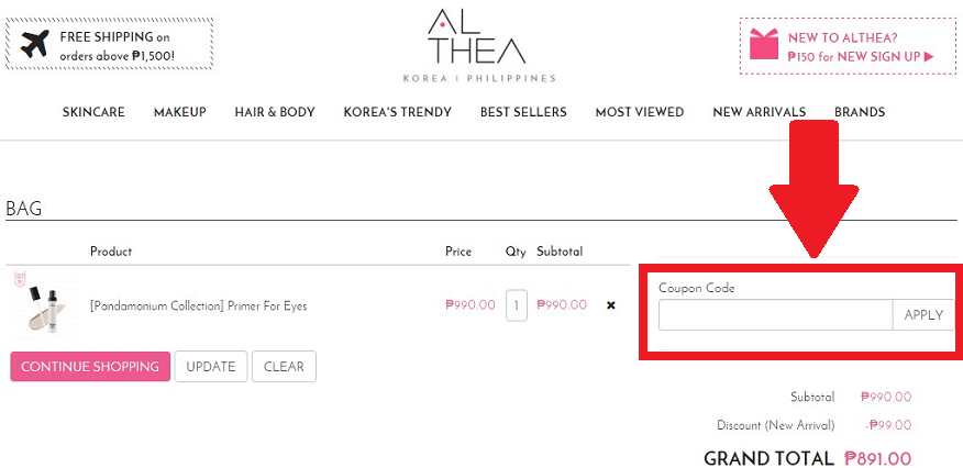 coupon box on the Althea checkout page